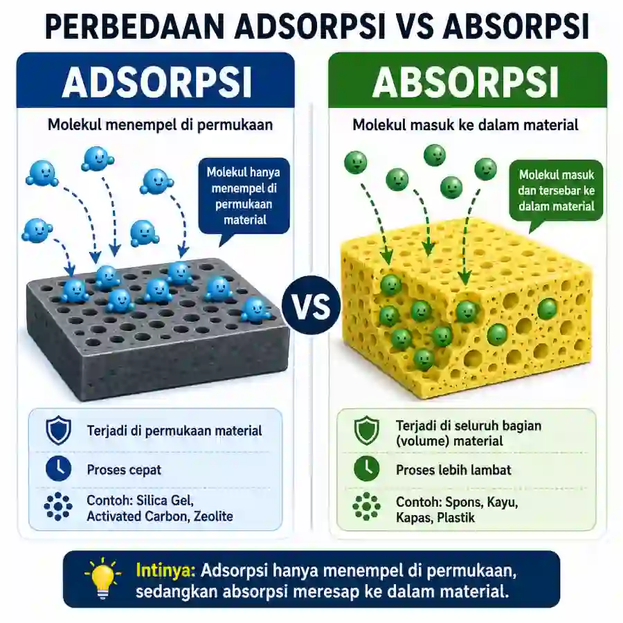 gambaran perbedan nyata antara adsorpsi vs absorpsi