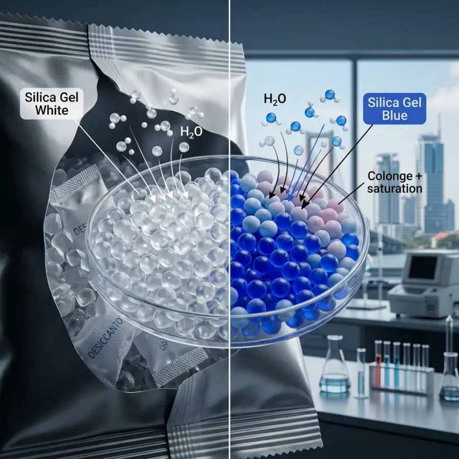 Ilustrasi gambar tentang Silica Gel White vs Silica Gel Blue
